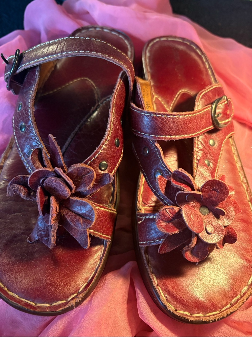 Florsheim Red Leather Floral Buckle Sandals